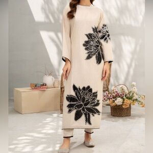 Classy Cream and Black Floral Sequined shalwar kameez kurta pant set